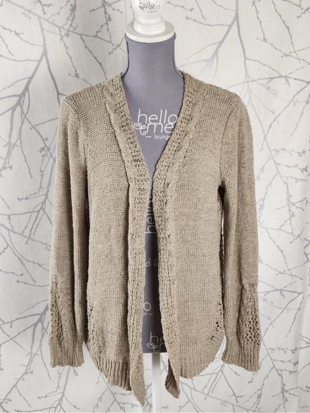 Cyrus Beige Open Knit Panel Open Front Cardigan